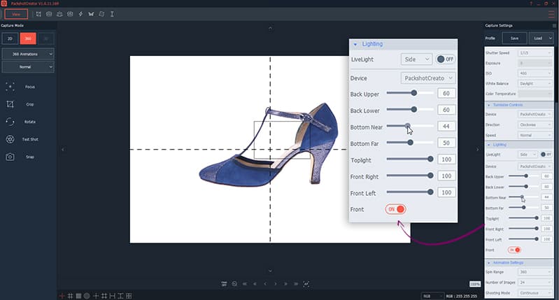 shoes photography lighting settings for 360° animation