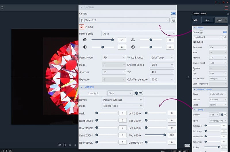 ideal camera and light settings to create hearts and arrows view