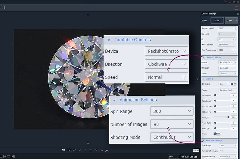 animations settings for 360 diamond sparkle view