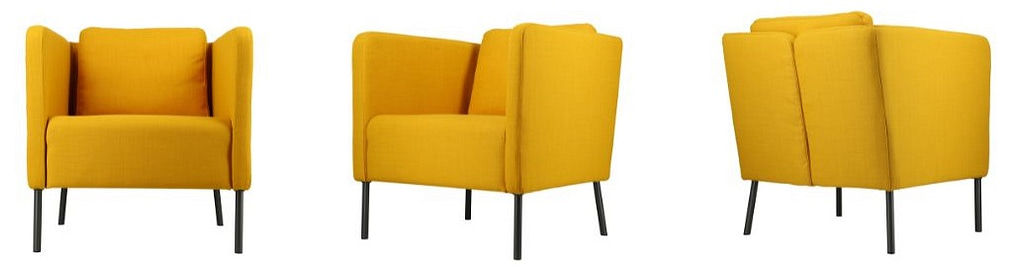 un fauteuil jaune présenté sous différents angles
