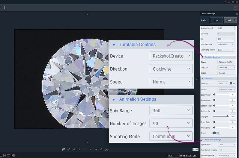 animation settings for 360° diamond vertical view