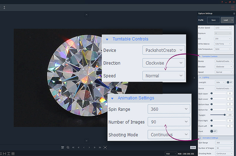 animations settings for 360 diamond sparkle view