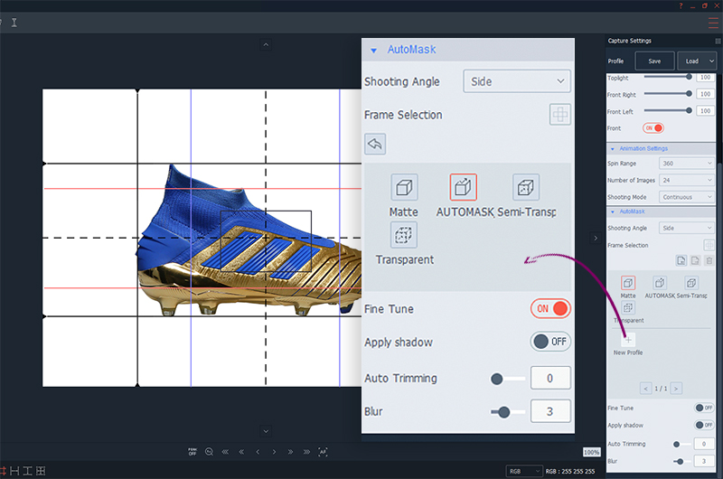 détourage photographies animation 360 de chaussures logiciel PackshotCreator