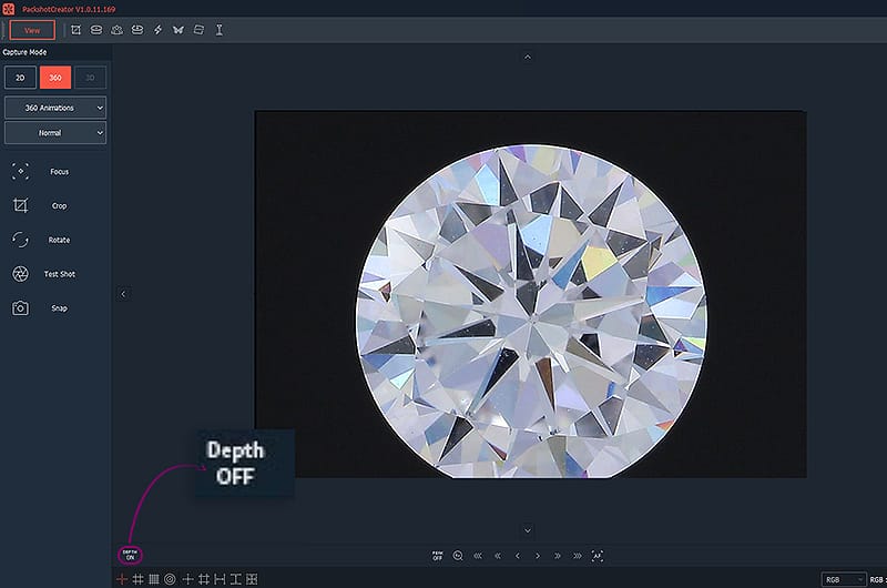 focusing a diamond with PackshotCreator software