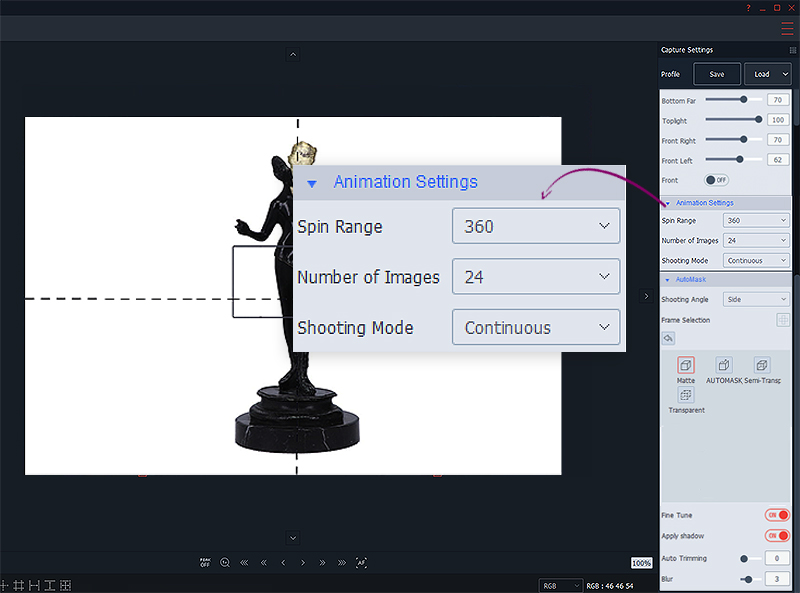 animation settings for 3D animation of art or antique objects