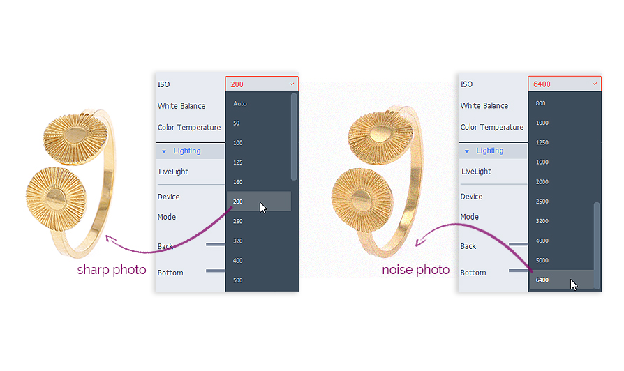 adjusting ISO on the software to shoot jewelry