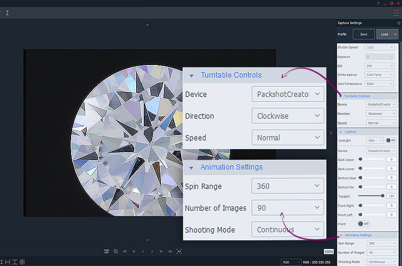 Animationseinstellungen für die vertikale 360° Ansicht von Diamanten