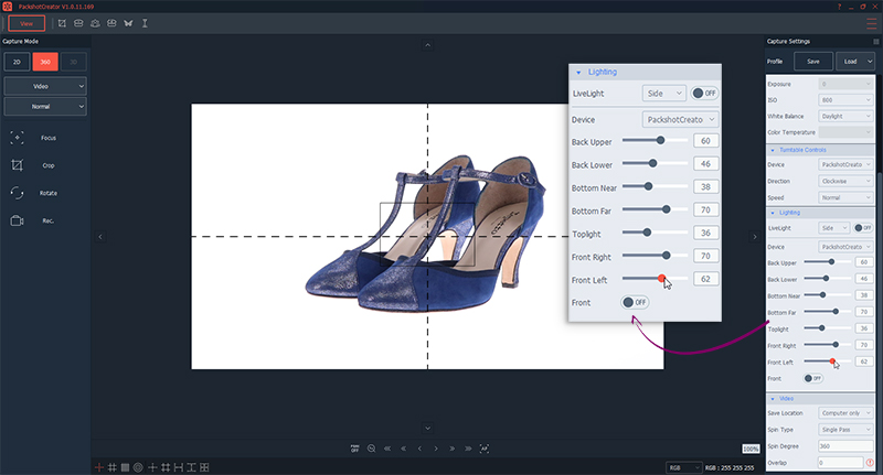 hoe 360 packshot video animatie maken van schoenen met verlichtingsinstellingen