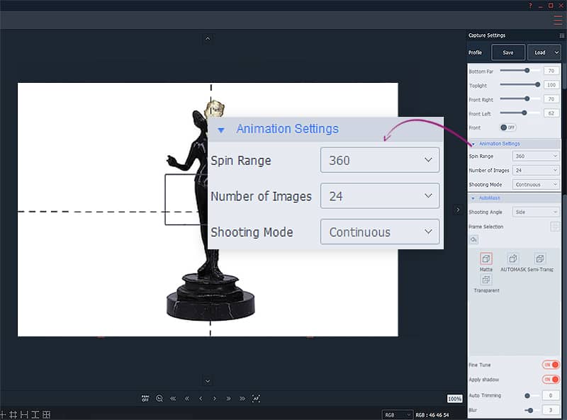 animation settings for 3D animation of art and antique