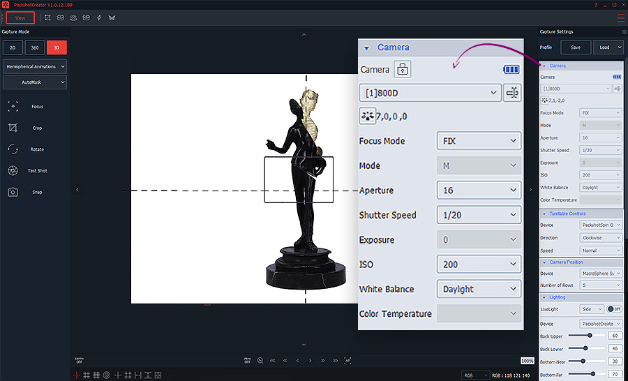 camera and light adjustment for 3D animation with automask